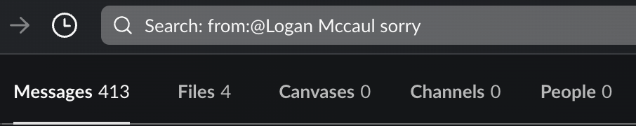Screenshot of a slack search for 'from: @Logan McCaul sorry'