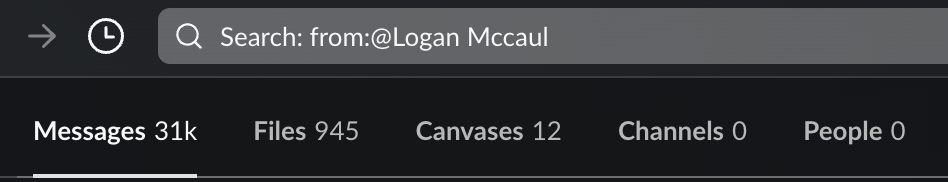 Screenshot of a slack search for 'from: @Logan McCaul'